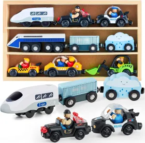 Electric Train Set Toys Wooden Magnetic Cars - Locomotive Auto Forward/Park, Gift for 3 4 5 6 Year Old Toddlers Kids Boys Truck Trains Toy, Compatible with Common Wooden Train Tracks