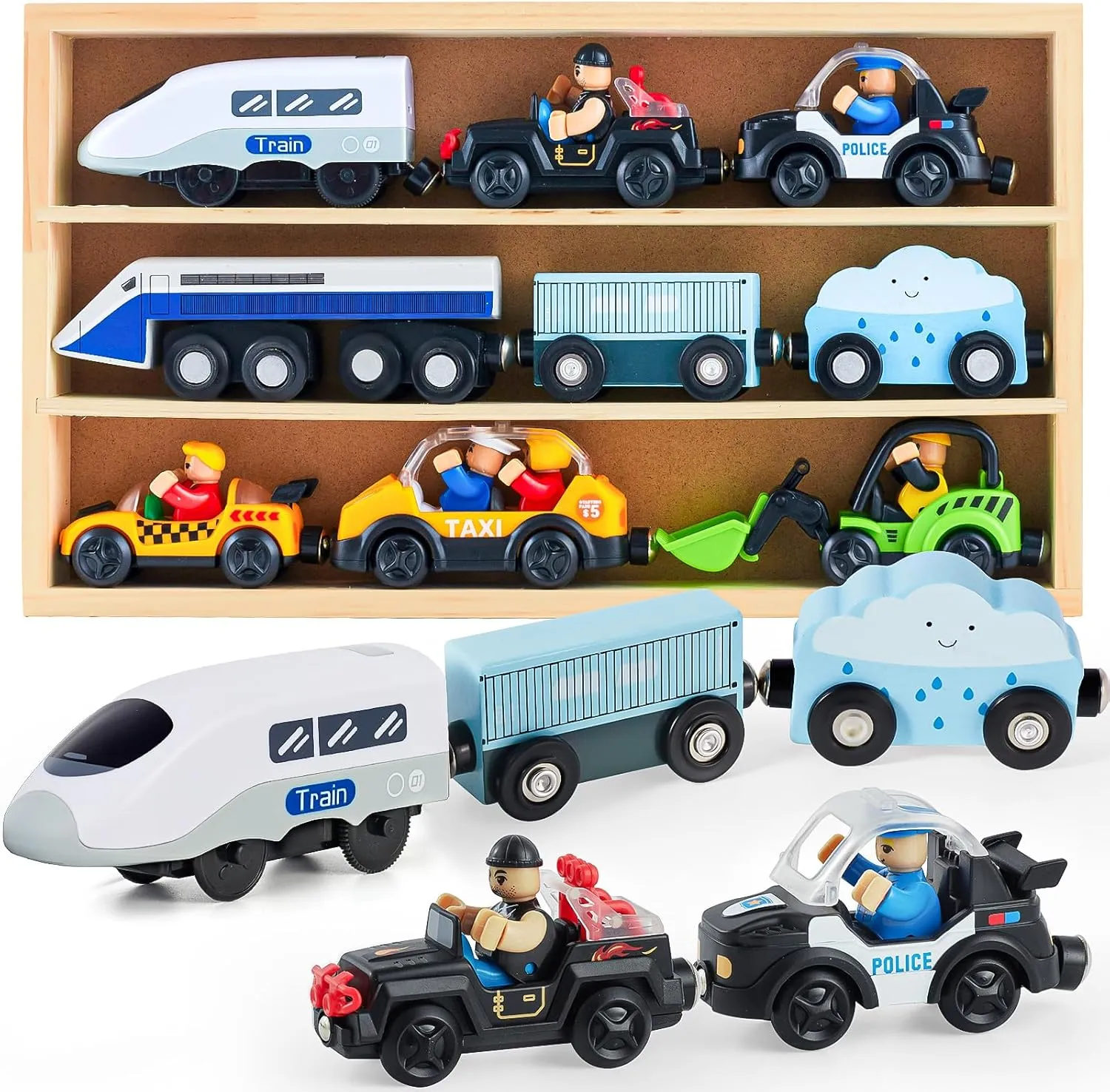 Electric Train Set Toys Wooden Magnetic Cars - Locomotive Auto Forward/Park, Gift for 3 4 5 6 Year Old Toddlers Kids Boys Truck Trains Toy, Compatible with Common Wooden Train Tracks