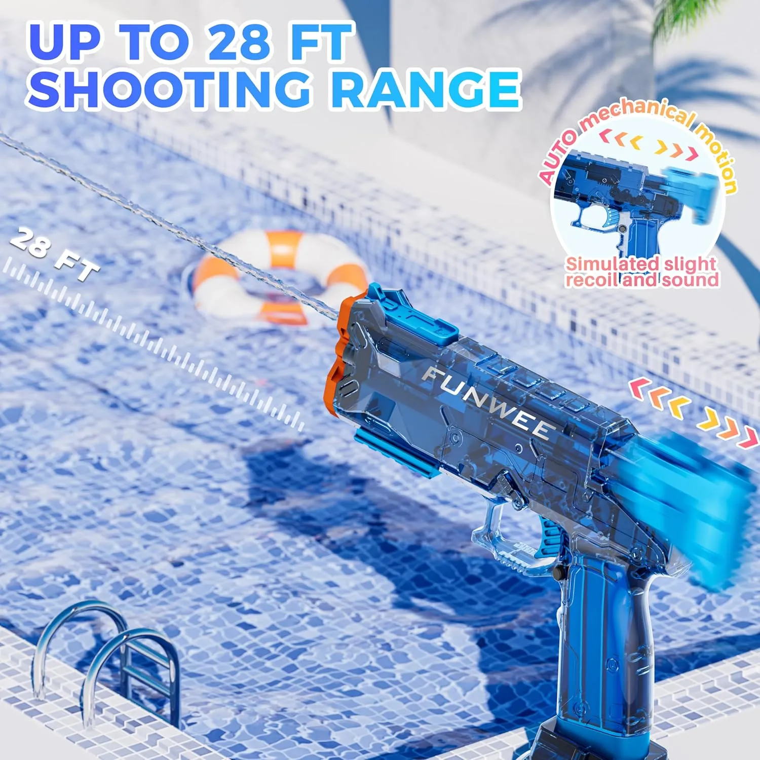 Electric Water Gun for Adult & Kid, Most Strongest Water Pistol Long Range 28-32 FT, Powerful High Powered Automatic Classic Squirt Gun Fully Auto Water Blaster, Swimming Pool Outdoor Toy Game
