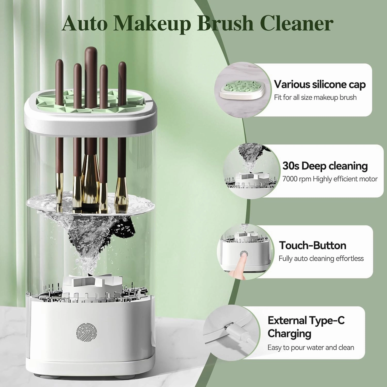 Electric Makeup Brush Cleaner Machine 2025 Automatic Spinning Makeup Brush Washer & Holder Quick Efficient for Deep Cleaning All Size Brushes, Portable for Travel Home Use, Gifts for Women(White)