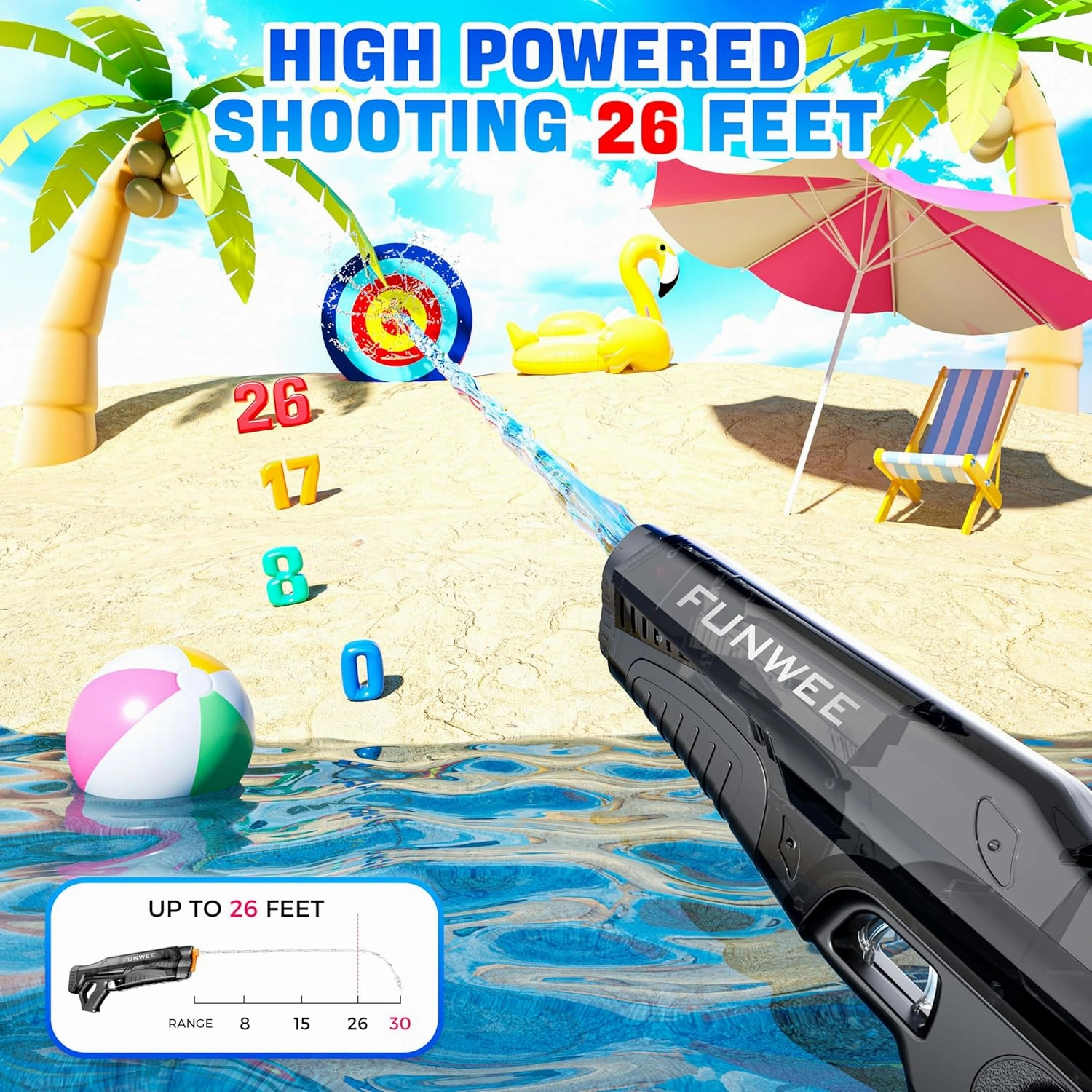 Electric Water Guns for Adults & Kids, Automatic Water Reload & Shooting Over 250 Blasts Water Blaster Squirt Gun Up to 32 FT Long Range, Summer Beach Pool Backyard Outdoor Toys (Black Blue)