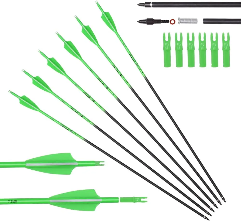 Elong 12PCS 28" Arrows for Compound Bows,Carbon Hunting Arrows for Archery Spine 500 with 100 Grain Screw Tips,Green/Orange