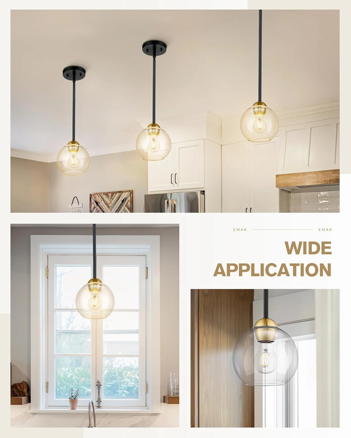 Emak Black and Gold Pendant Light, 7 Inch Globe Glass Pendant Lights Kitchen Island, Modern Hanging Lights for Kitchen, Bathroom, Dining Room, Bar, PL119-BKBGD