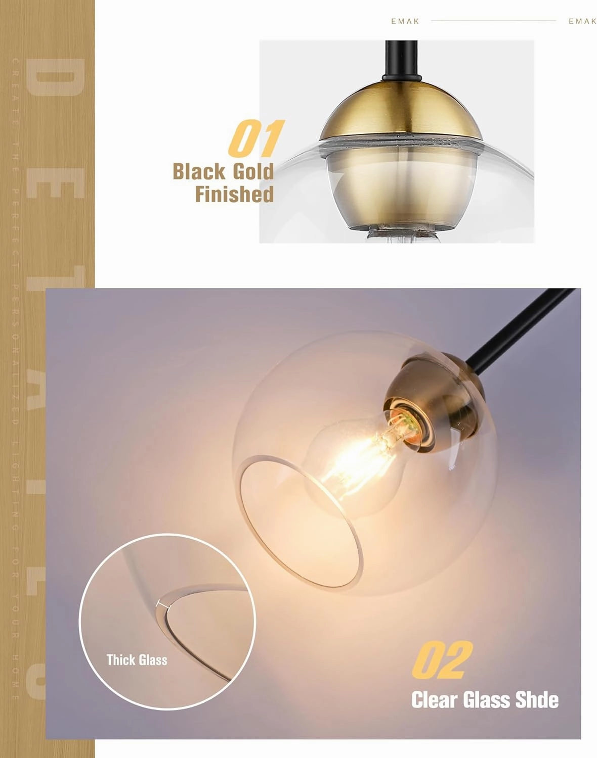 Emak Black and Gold Pendant Light, 7 Inch Globe Glass Pendant Lights Kitchen Island, Modern Hanging Lights for Kitchen, Bathroom, Dining Room, Bar, PL119-BKBGD