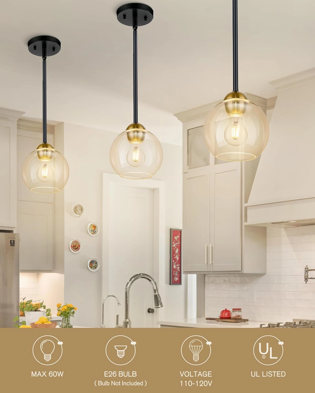 Emak Black and Gold Pendant Light, 7 Inch Globe Glass Pendant Lights Kitchen Island, Modern Hanging Lights for Kitchen, Bathroom, Dining Room, Bar, PL119-BKBGD