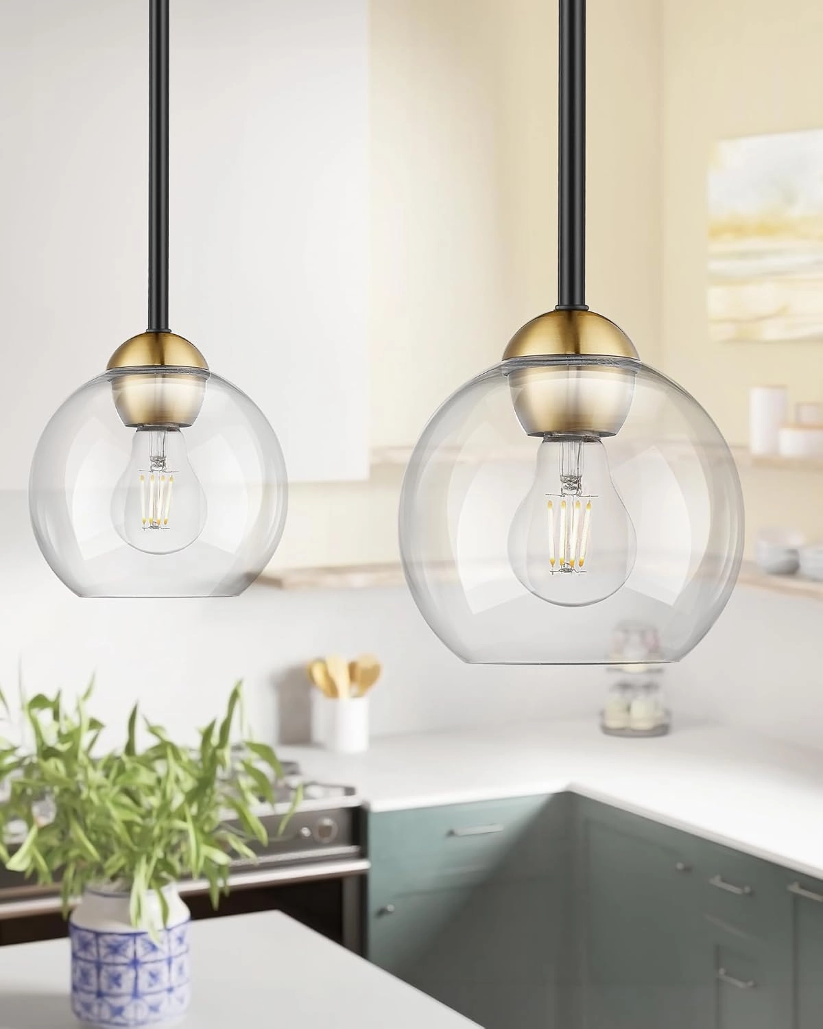 Emak Black and Gold Pendant Light, 7 Inch Globe Glass Pendant Lights Kitchen Island, Modern Hanging Lights for Kitchen, Bathroom, Dining Room, Bar, PL119-BKBGD
