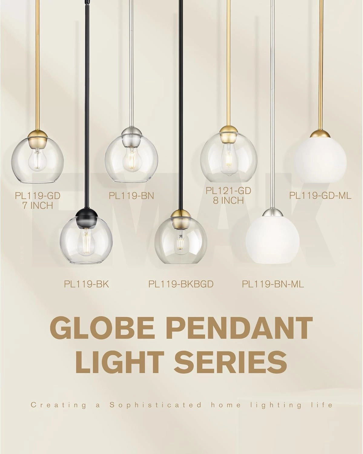 Emak Black and Gold Pendant Light, 7 Inch Globe Glass Pendant Lights Kitchen Island, Modern Hanging Lights for Kitchen, Bathroom, Dining Room, Bar, PL119-BKBGD