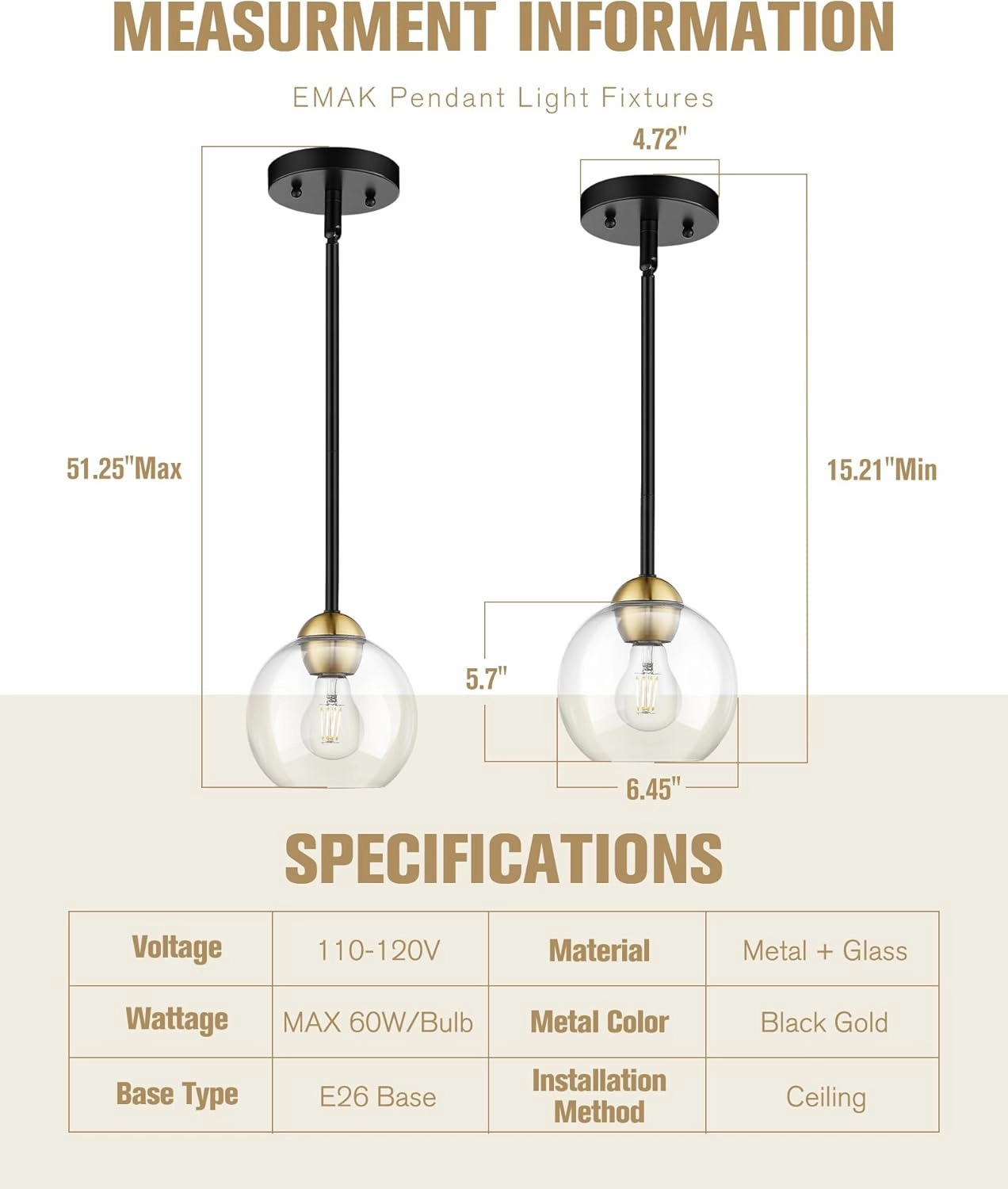 Emak Black and Gold Pendant Light, 7 Inch Globe Glass Pendant Lights Kitchen Island, Modern Hanging Lights for Kitchen, Bathroom, Dining Room, Bar, PL119-BKBGD