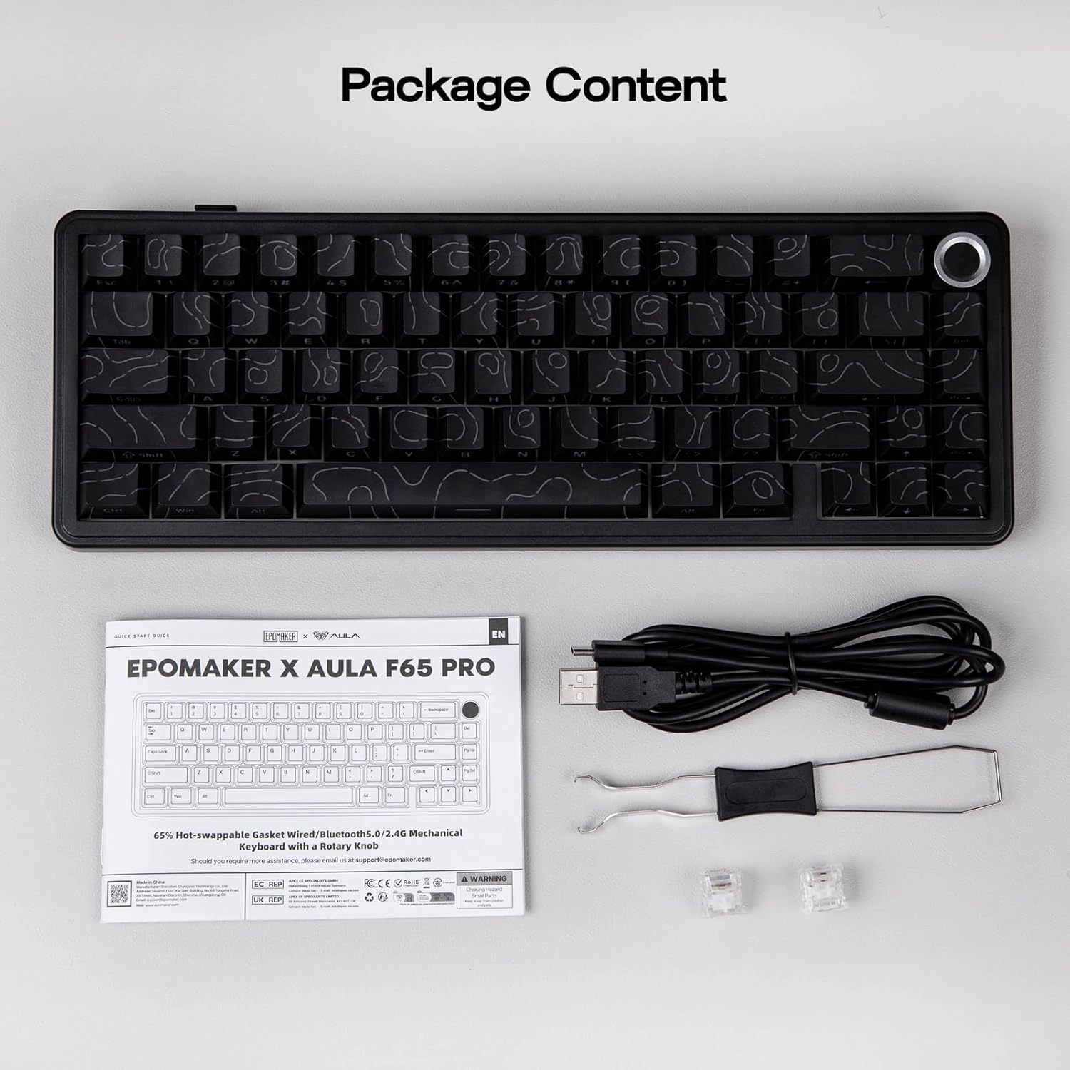 EPOMAKER X Aula F65 PRO Wireless Mechanical Gaming Keyboard, Hot-Swap, 5-Layer Padding, Creamy Gasket, Knob and Shine-Through PBT Keycap, RGB, BT/2.4GHz/USB-C (Black Topographic, Ice Crystal Switch)