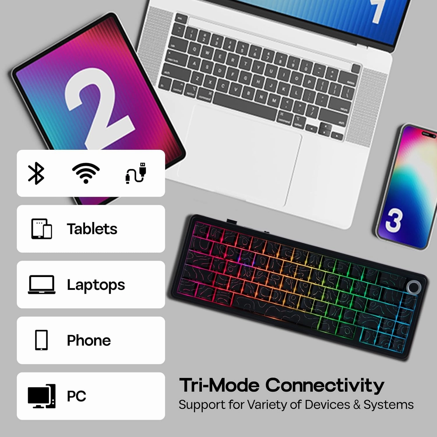 EPOMAKER X Aula F65 PRO Wireless Mechanical Gaming Keyboard, Hot-Swap, 5-Layer Padding, Creamy Gasket, Knob and Shine-Through PBT Keycap, RGB, BT/2.4GHz/USB-C (Black Topographic, Ice Crystal Switch)