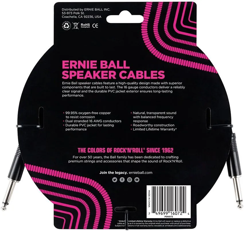Ernie Ball Speaker Cable, Straight/Straight, 6ft, Black (P06072)