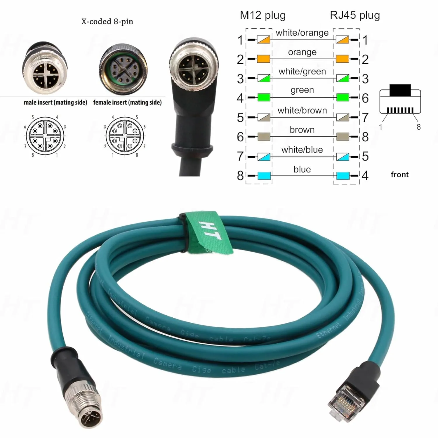 Ethernet Cable for Cognex in-Sight 2000 7000 8000 9000 Basler Baumer Camera Sensor Barcode Reader, 8 Pin X-Coded M12 to RJ45 CAT-7e 20M