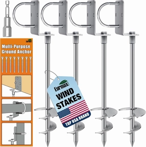 Eurmax USA Ground Anchors Heavy Duty Adjustable L-Shaped Head Shed Tent Stakes Trampoline Anchors, Trampoline Stakes for Sheds,Swing Sets,Mobile Home,Carports Set of 4(Silver)