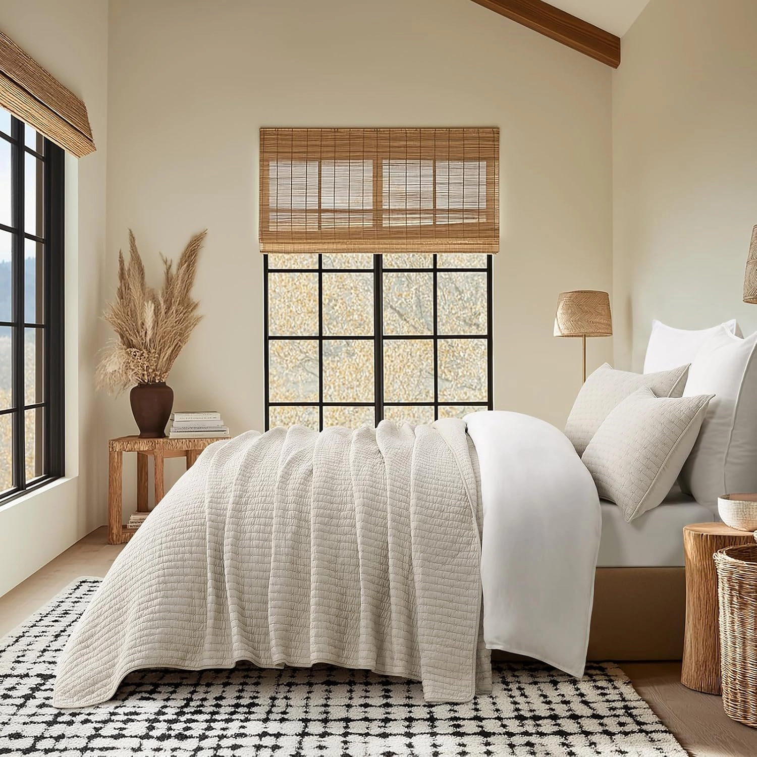 EVERGRACE Cross Stitch Pre-Washed Cotton Quilt Bedding Set King Size, Oversized 3 Pieces Lightweight Bedspread Coverlet for All Season, with 2 Matching Shams, Flax Beige,108"x96"
