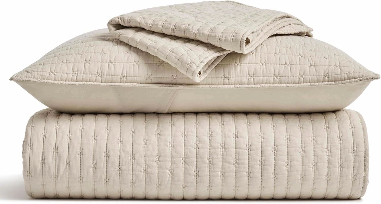 EVERGRACE Cross Stitch Pre-Washed Cotton Quilt Bedding Set King Size, Oversized 3 Pieces Lightweight Bedspread Coverlet for All Season, with 2 Matching Shams, Flax Beige,108"x96"