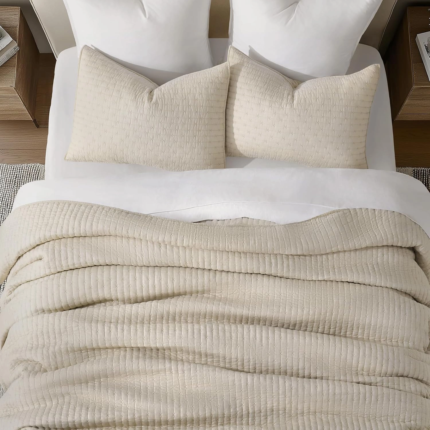 EVERGRACE Cross Stitch Pre-Washed Cotton Quilt Bedding Set King Size, Oversized 3 Pieces Lightweight Bedspread Coverlet for All Season, with 2 Matching Shams, Flax Beige,108"x96"