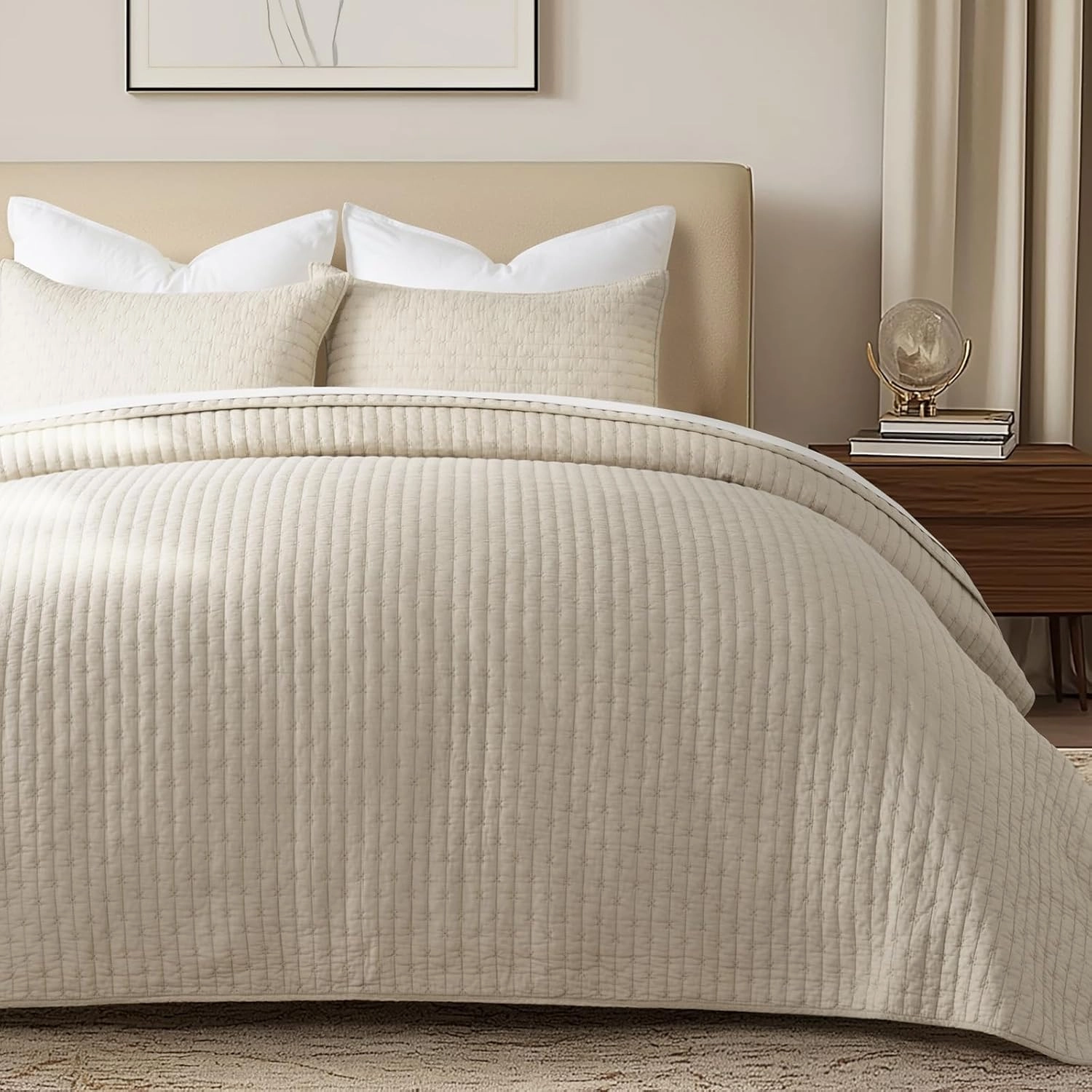 EVERGRACE Cross Stitch Pre-Washed Cotton Quilt Bedding Set King Size, Oversized 3 Pieces Lightweight Bedspread Coverlet for All Season, with 2 Matching Shams, Flax Beige,108"x96"