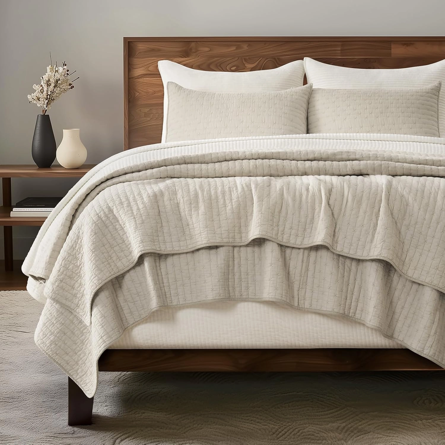 EVERGRACE Cross Stitch Pre-Washed Cotton Quilt Bedding Set King Size, Oversized 3 Pieces Lightweight Bedspread Coverlet for All Season, with 2 Matching Shams, Flax Beige,108"x96"