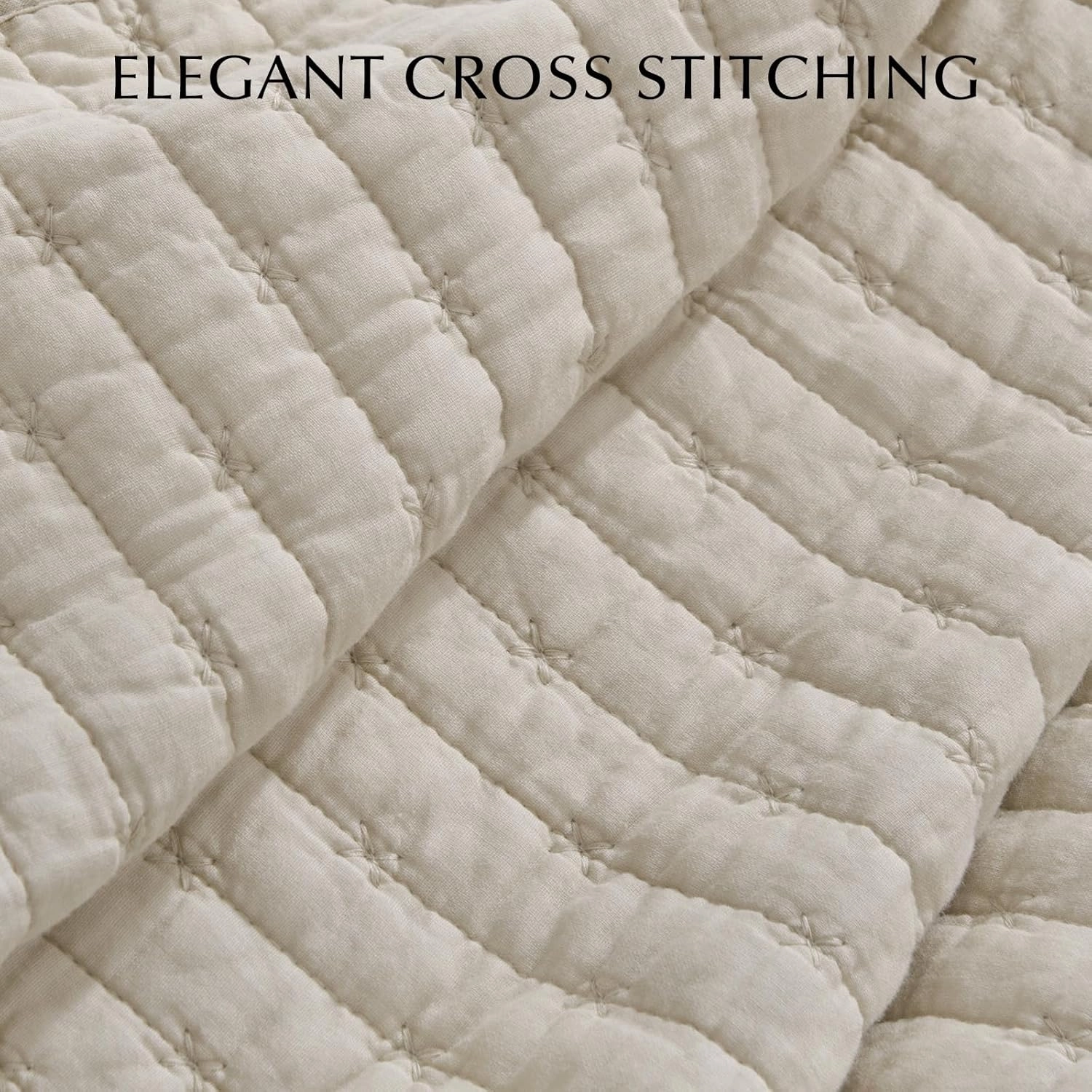 EVERGRACE Cross Stitch Pre-Washed Cotton Quilt Bedding Set King Size, Oversized 3 Pieces Lightweight Bedspread Coverlet for All Season, with 2 Matching Shams, Flax Beige,108"x96"