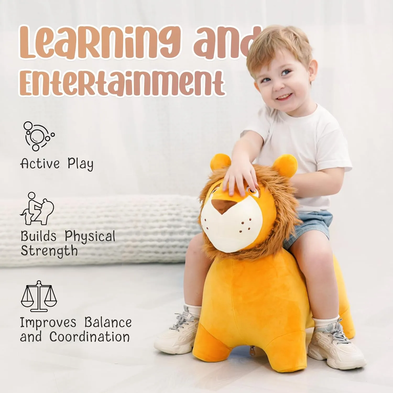 EVERICH TOY Lion Bouncy Horse, Inflatable Plush Hopping Toy, Bouncing Animal Hopper for Toddlers, Fun Ride-On Toy for Kids 18 Months-6 Years, Indoor & Outdoor Play, Great Gift Boys Girls