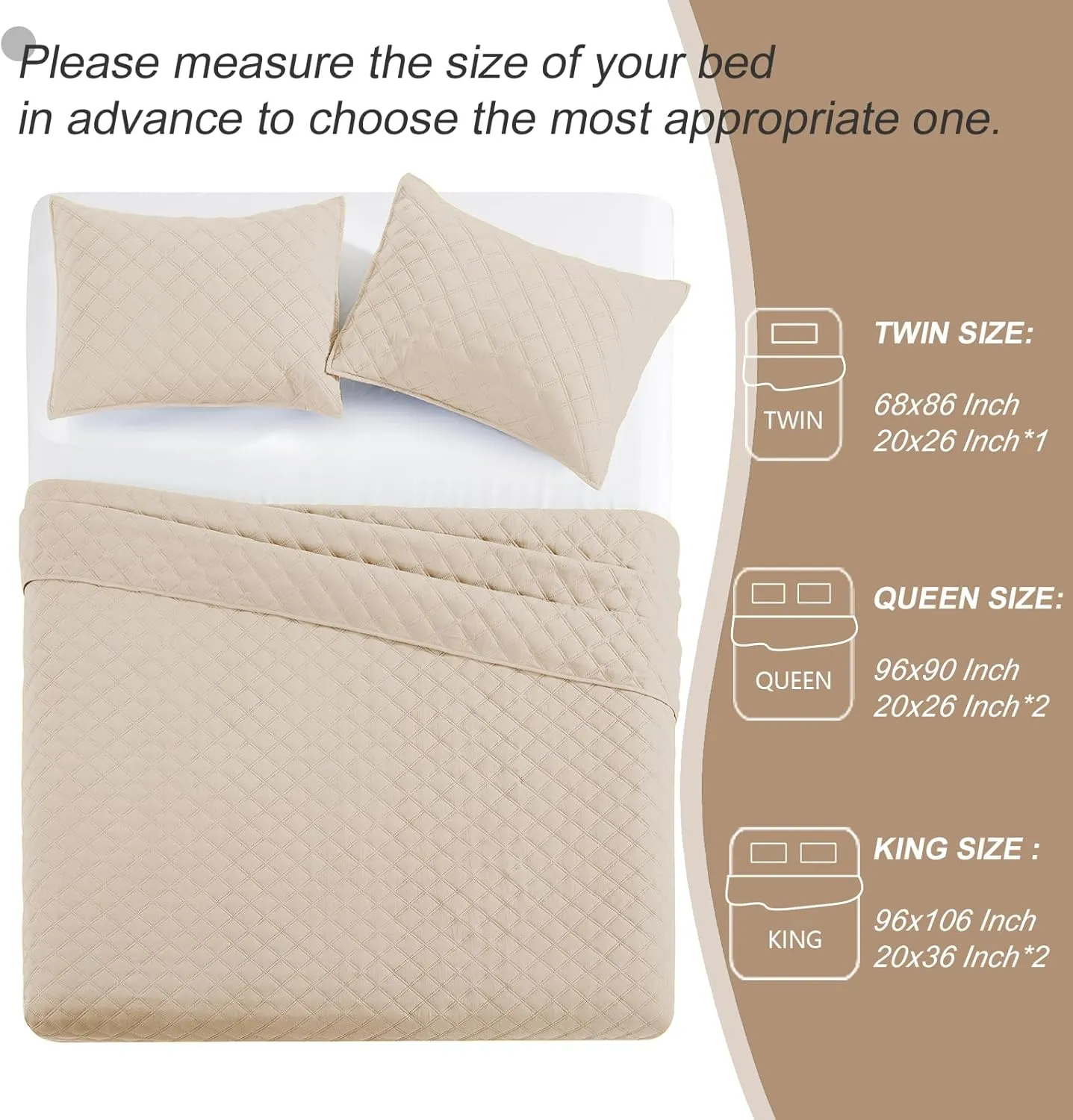 Exclusivo Mezcla Soft Quilt Set Queen Full Size, 3 Pieces Lightweight Quilts Brich Beige Bedspreads Coverlets Bedding Set for All Seasons, Grid Pattern