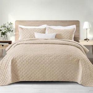 Exclusivo Mezcla Soft Quilt Set Queen Full Size, 3 Pieces Lightweight Quilts Brich Beige Bedspreads Coverlets Bedding Set for All Seasons, Grid Pattern