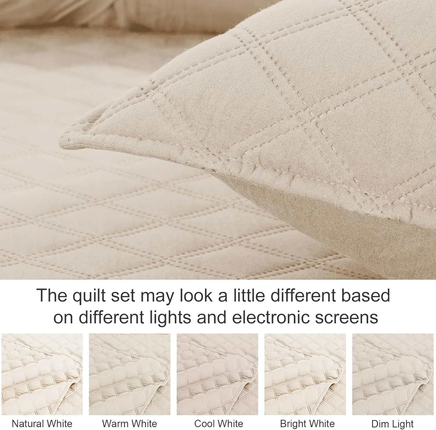 Exclusivo Mezcla Soft Quilt Set Queen Full Size, 3 Pieces Lightweight Quilts Brich Beige Bedspreads Coverlets Bedding Set for All Seasons, Grid Pattern