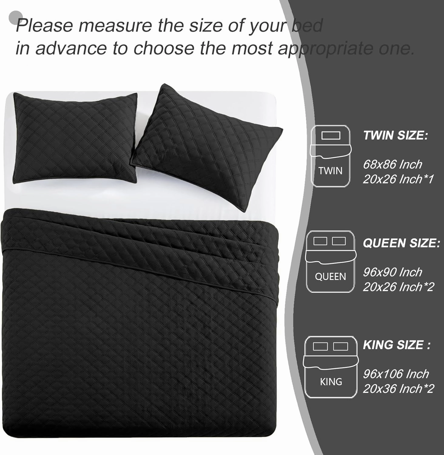 Exclusivo Mezcla Soft Quilt Set Queen Full Size, 3 Pieces Lightweight Quilts Black Bedspreads Coverlets Bedding Set for All Seasons, Grid Pattern