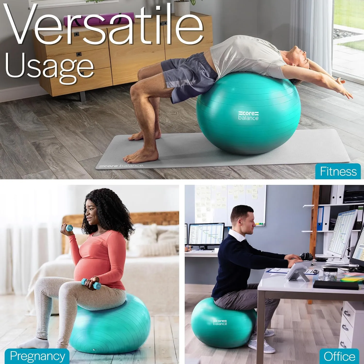 Exercise Ball for Workouts, Anti-Burst and Slip Resistant, Swiss Yoga Ball for Pregnancy, Stability, Fitness and Physical Therapy, 4 Sizes, with Pump