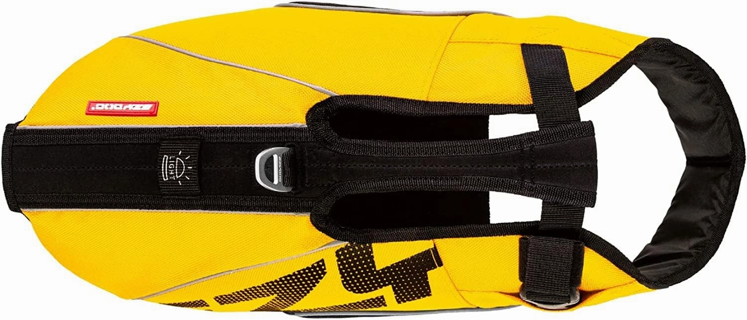 EzyDog DFD X2 Dog Life Jacket - Adjustable Swimming Safety Life Vest Preserver with Continuous Neck Flotation, Reflective Trim, & Grab Handle (Large, Yellow)