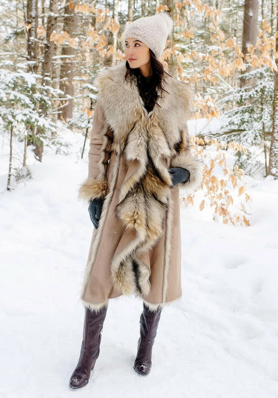 Fabulous-Furs Donna Salyers Tan Wolf Cascade Full-Length Faux Fur Coat