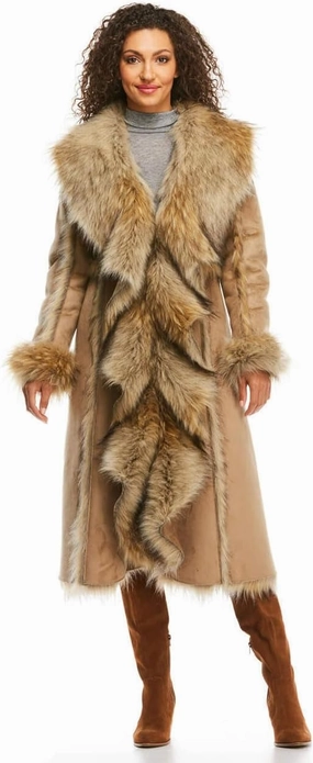 Fabulous-Furs Donna Salyers Tan Wolf Cascade Full-Length Faux Fur Coat