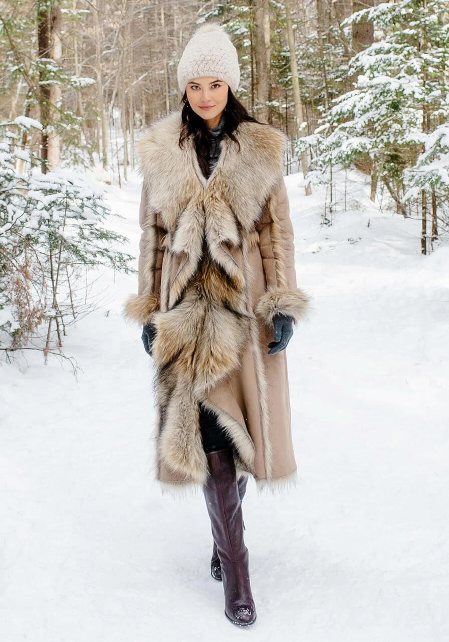 Fabulous-Furs Donna Salyers Tan Wolf Cascade Full-Length Faux Fur Coat