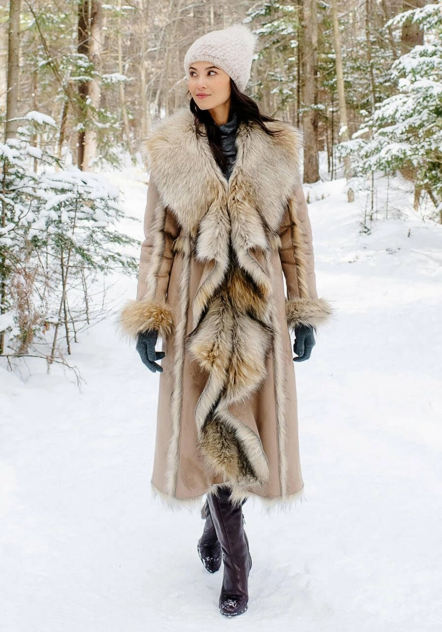 Fabulous-Furs Donna Salyers Tan Wolf Cascade Full-Length Faux Fur Coat