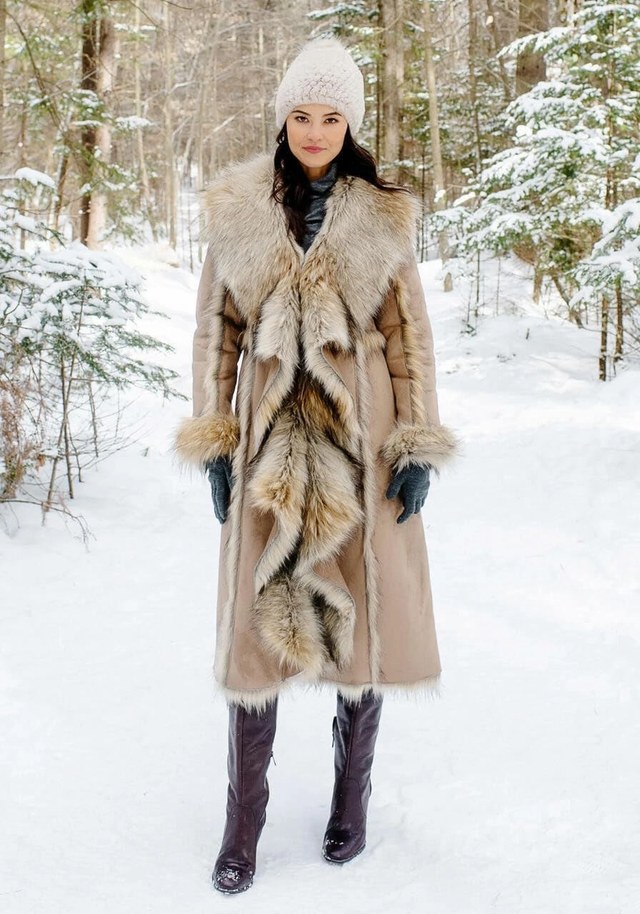 Fabulous-Furs Donna Salyers Tan Wolf Cascade Full-Length Faux Fur Coat