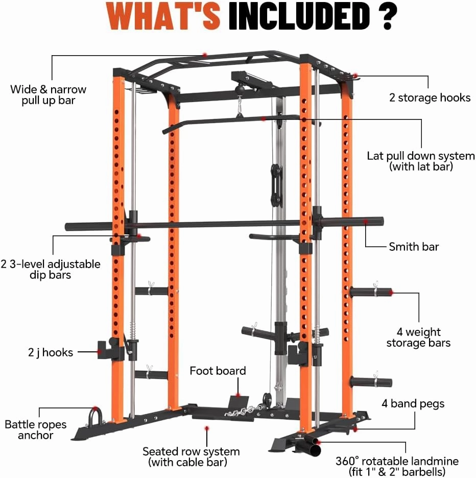 FAGUS Power Cage, Multi-Function Power Rack with LAT Pulldown, Seated Row, Cable Pulley System, J-Hooks, Dip Handles, Landmine, Squat Rack with Optional Cable Corssover, Smithe Attachment for Home Gym