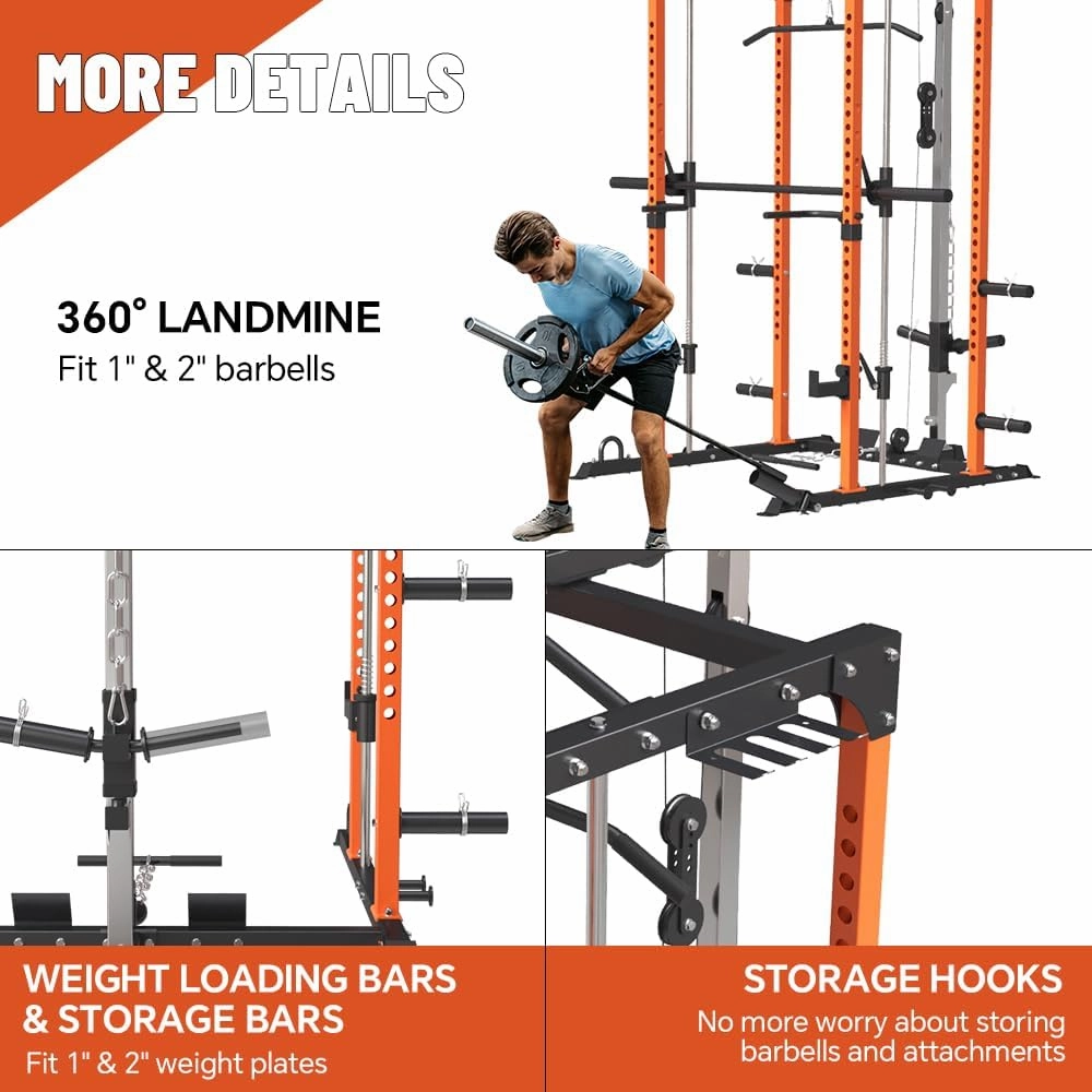 FAGUS Power Cage, Multi-Function Power Rack with LAT Pulldown, Seated Row, Cable Pulley System, J-Hooks, Dip Handles, Landmine, Squat Rack with Optional Cable Corssover, Smithe Attachment for Home Gym