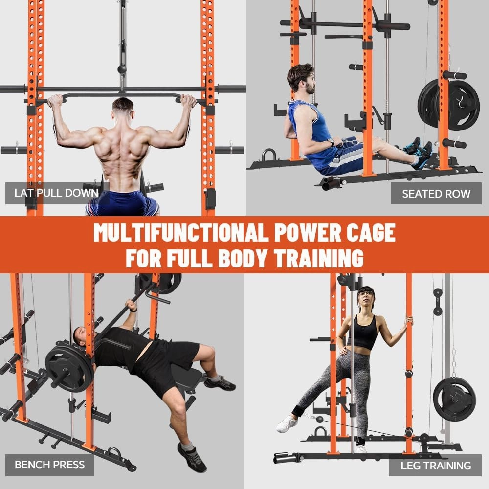 FAGUS Power Cage, Multi-Function Power Rack with LAT Pulldown, Seated Row, Cable Pulley System, J-Hooks, Dip Handles, Landmine, Squat Rack with Optional Cable Corssover, Smithe Attachment for Home Gym