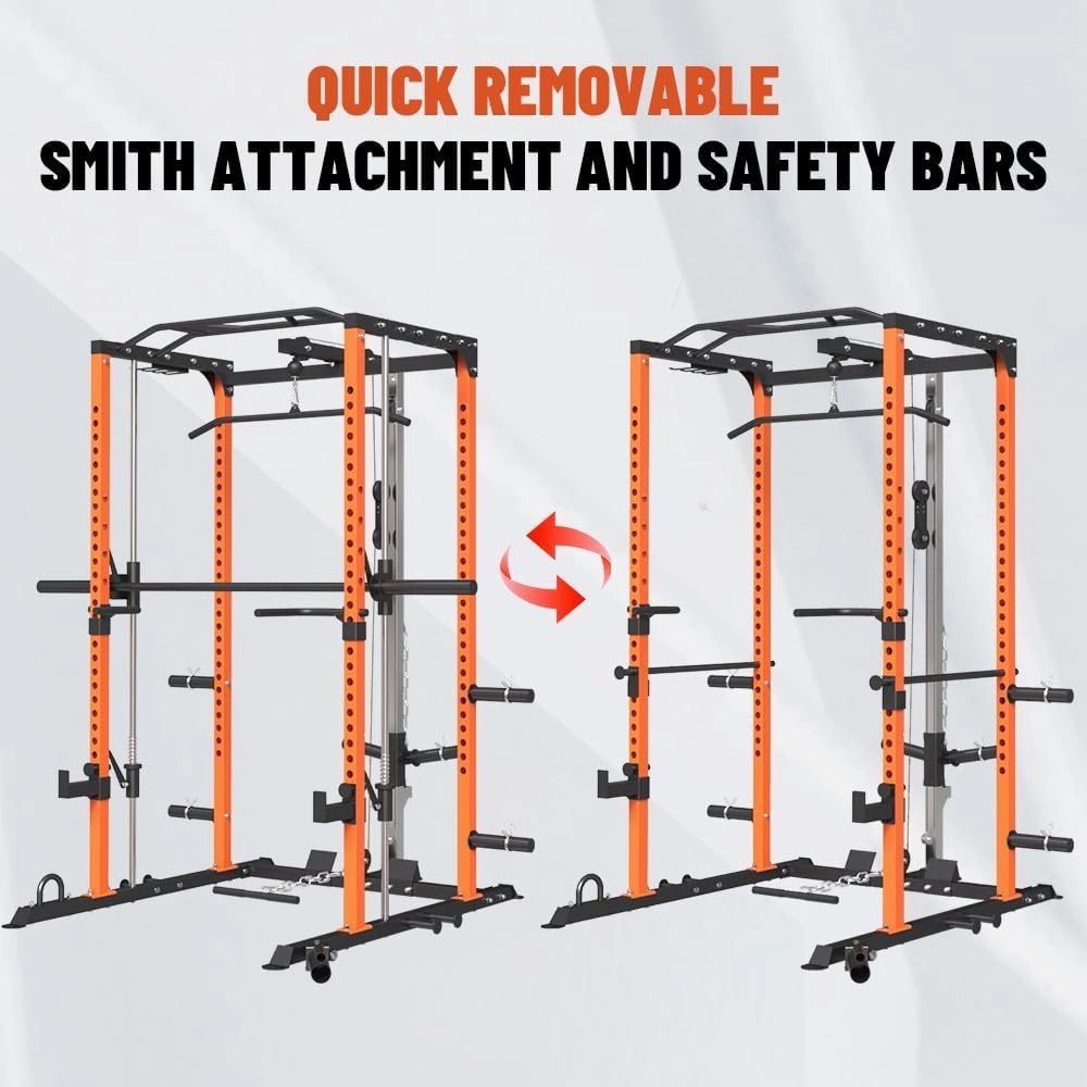FAGUS Power Cage, Multi-Function Power Rack with LAT Pulldown, Seated Row, Cable Pulley System, J-Hooks, Dip Handles, Landmine, Squat Rack with Optional Cable Corssover, Smithe Attachment for Home Gym