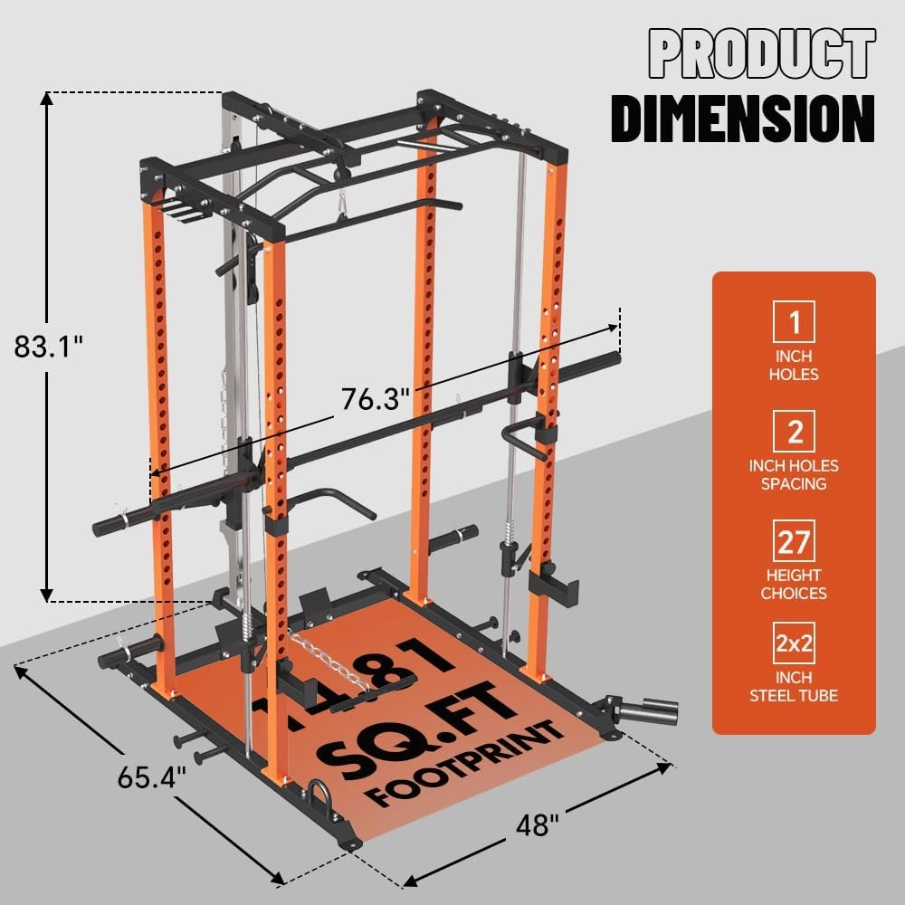 FAGUS Power Cage, Multi-Function Power Rack with LAT Pulldown, Seated Row, Cable Pulley System, J-Hooks, Dip Handles, Landmine, Squat Rack with Optional Cable Corssover, Smithe Attachment for Home Gym