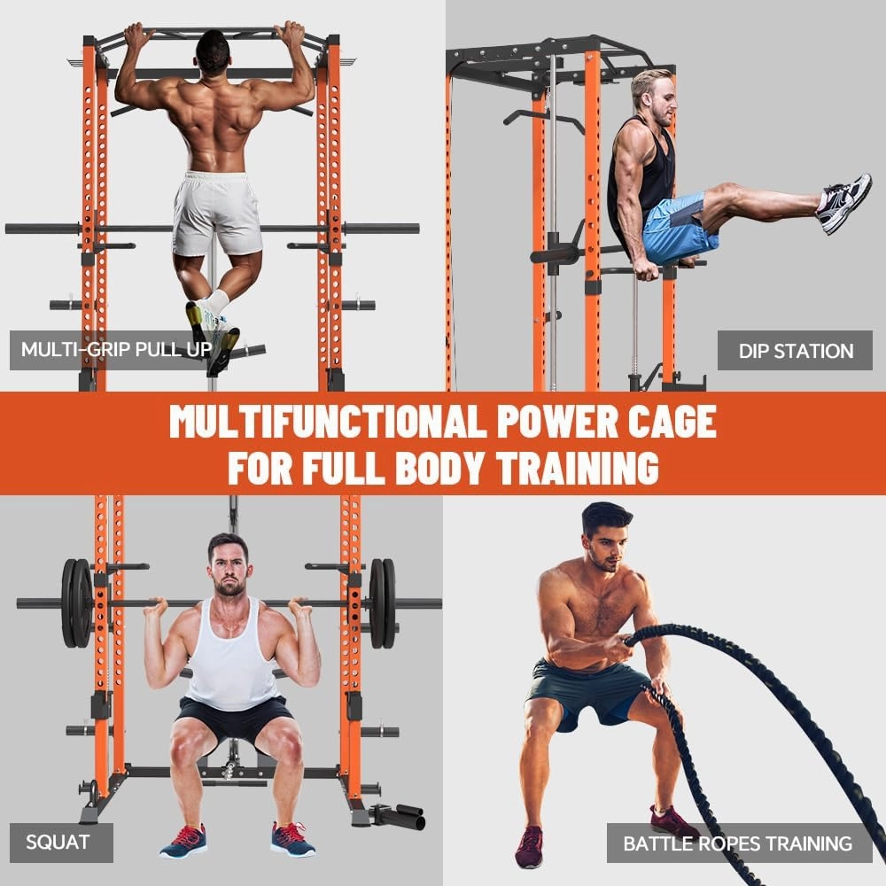 FAGUS Power Cage, Multi-Function Power Rack with LAT Pulldown, Seated Row, Cable Pulley System, J-Hooks, Dip Handles, Landmine, Squat Rack with Optional Cable Corssover, Smithe Attachment for Home Gym