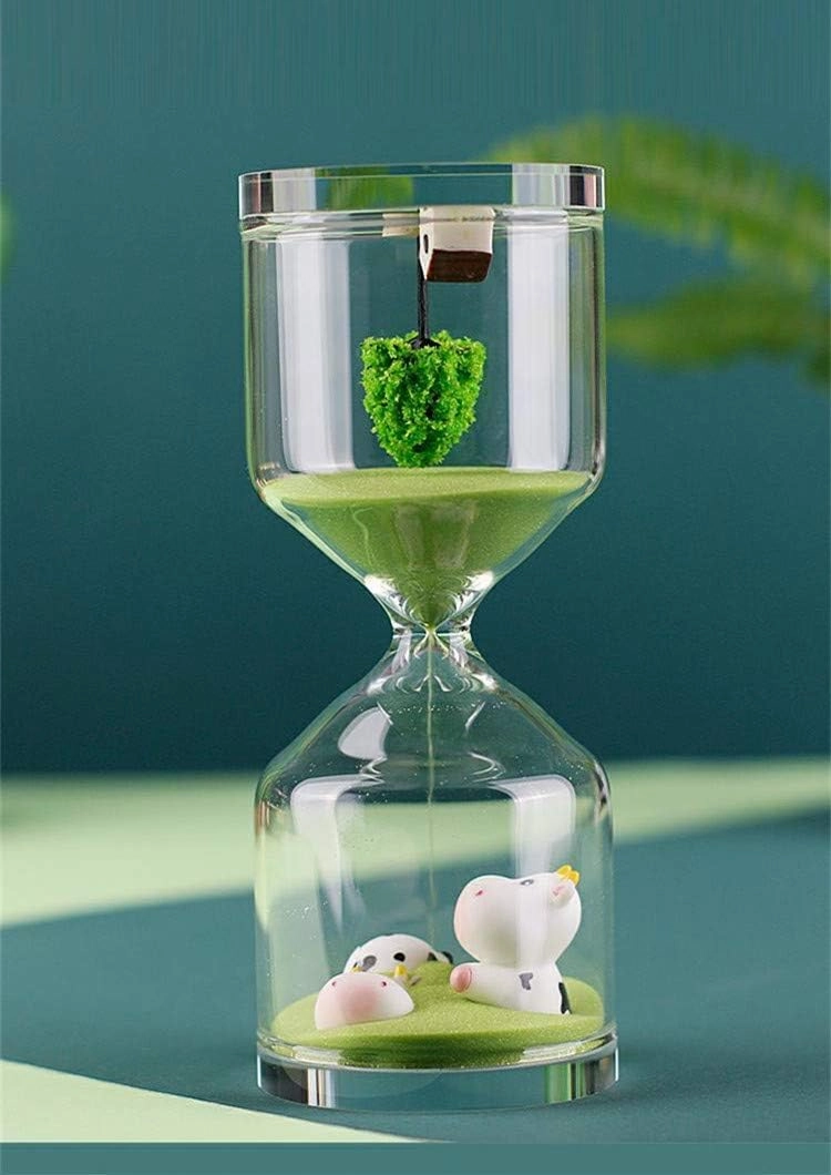 Falytemow 30 Minutes Hourglass Green Farm Sand Timer Cute Cow Desktop Decoration for Kitchen School Teaching