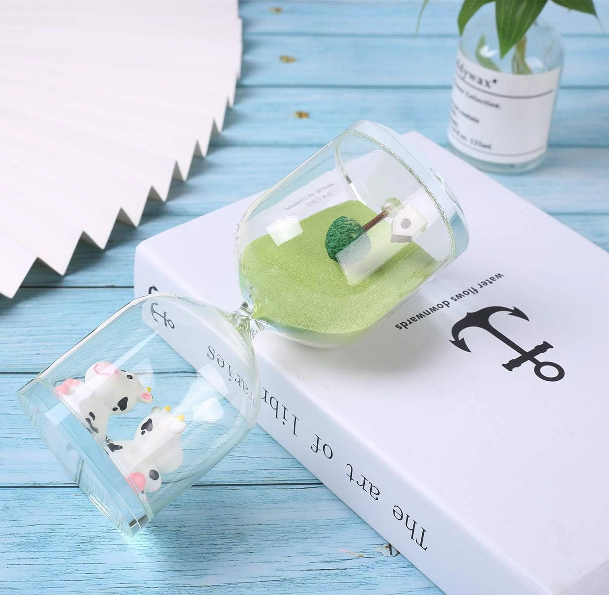 Falytemow 30 Minutes Hourglass Green Farm Sand Timer Cute Cow Desktop Decoration for Kitchen School Teaching
