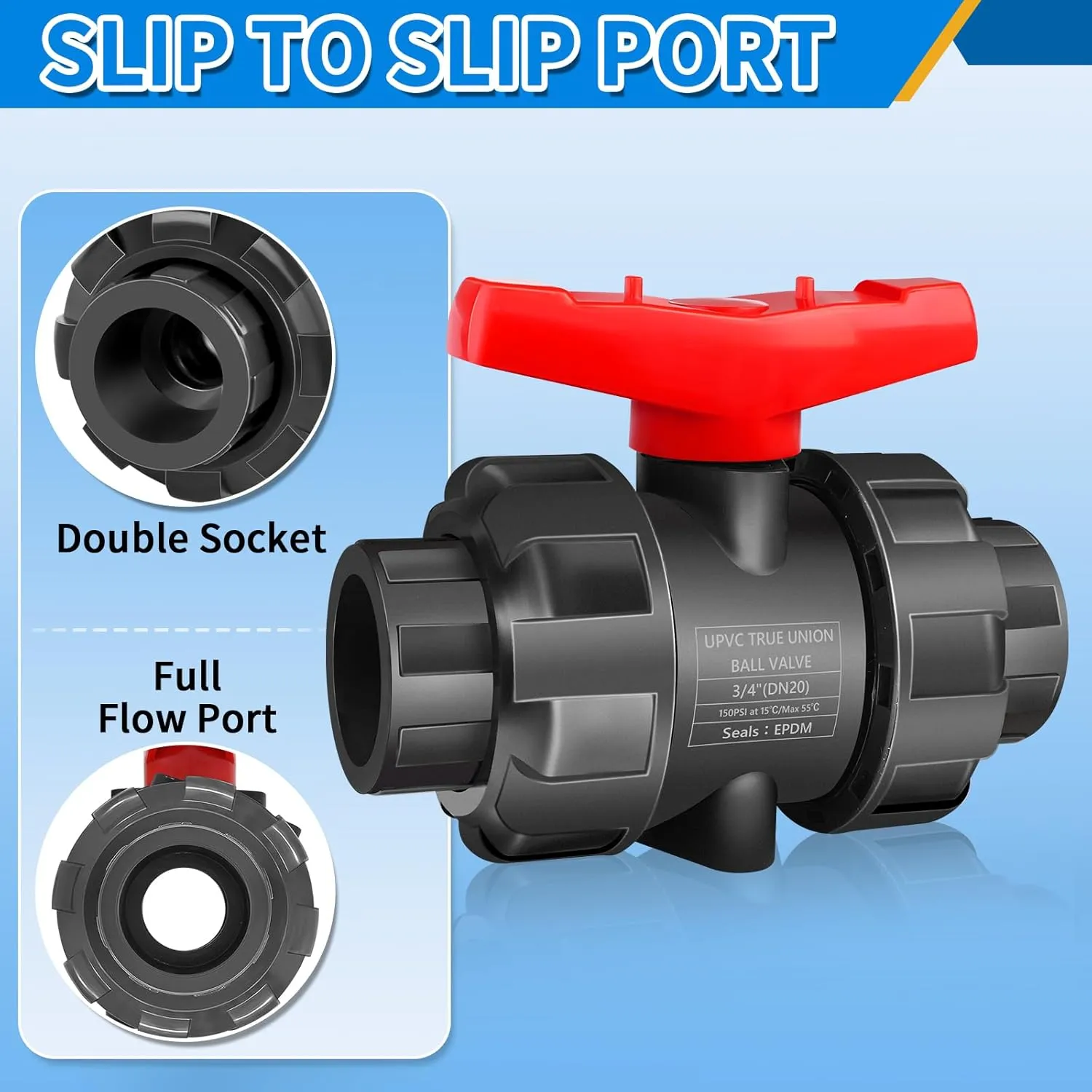 FANOVO 2 inch Union Ball Valve Heavy Duty SCH80 UPVC Full Flow Shut Off Control Valve with Double True Union Slip Socket Connection Full Port, Swimming Pool Plastic Valve, for Water System