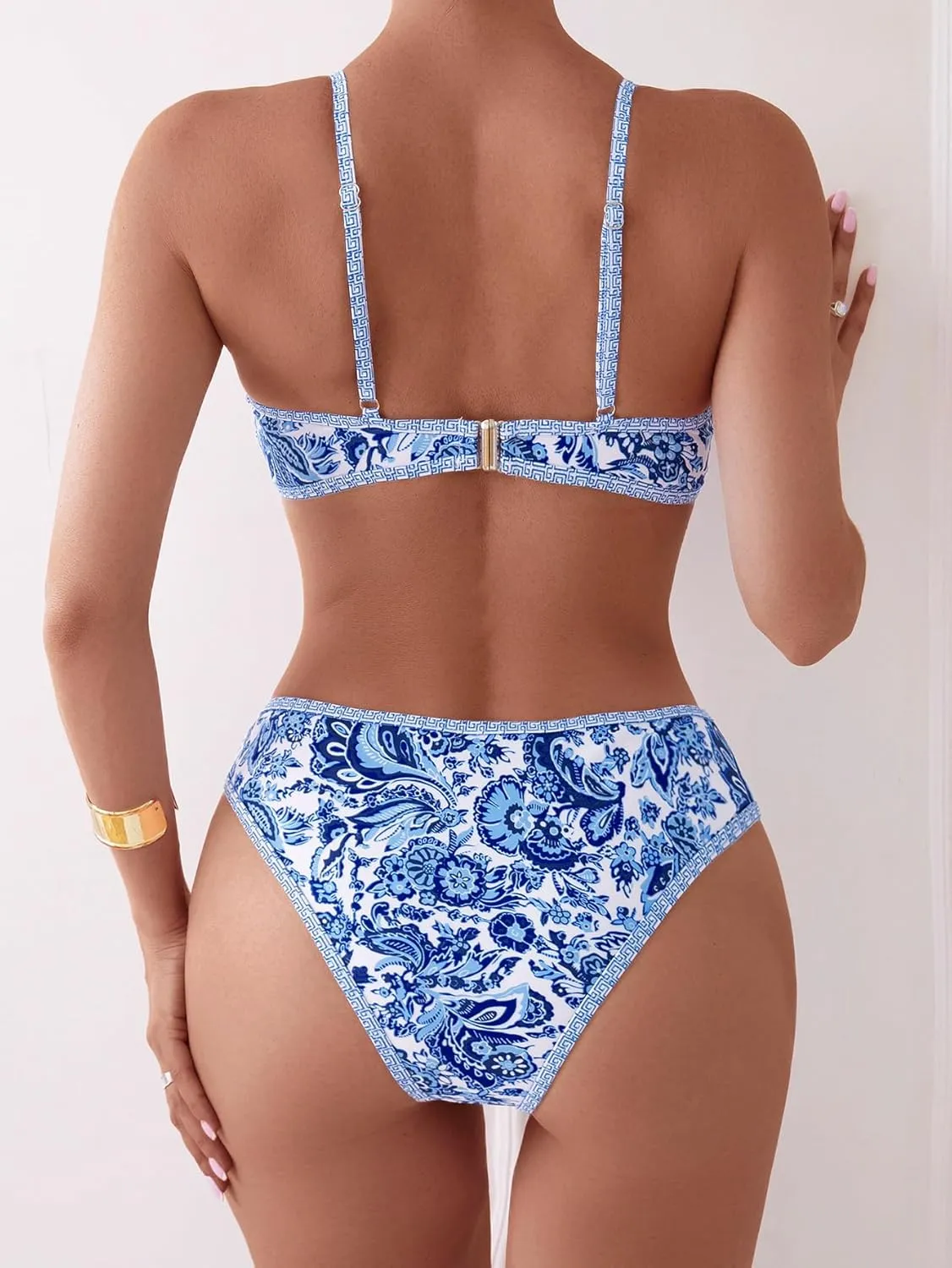 Fanuerg Women's Triangle Bikini Sets O Ring Linked Two Piece Swimsuits Floral Printed Cheeky Bathing Suit