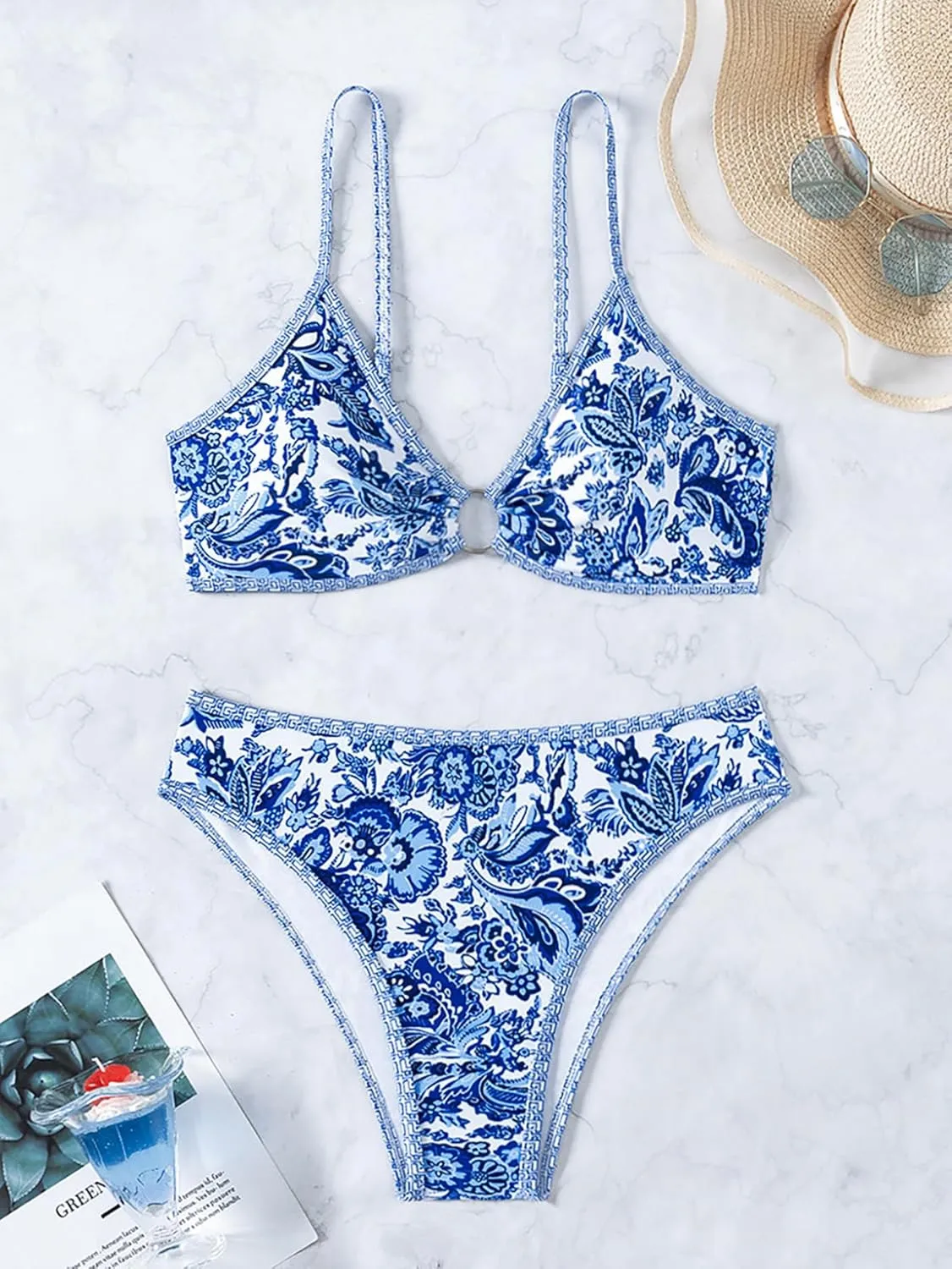 Fanuerg Women's Triangle Bikini Sets O Ring Linked Two Piece Swimsuits Floral Printed Cheeky Bathing Suit
