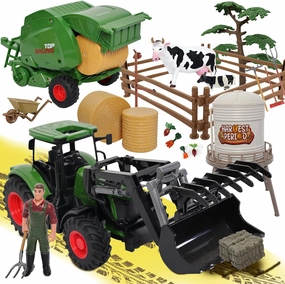 Farm Tractor Toys Set Bale Haying Round Baler with Barn Farmer,Cow,Farm Tools,Tree Farm Tractor Pla yset for Kids Toddler Boys Girls Ages 3 -7 Years