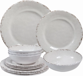 Farmhouse Melamine Dinnerware Sets,12 Pieces Dishes Dinnerware Set,Service for 4 Lightweight Kitchen Plates and Bowls Sets, Great for Casual dining and Outdoor Parties Camping or RVs, White