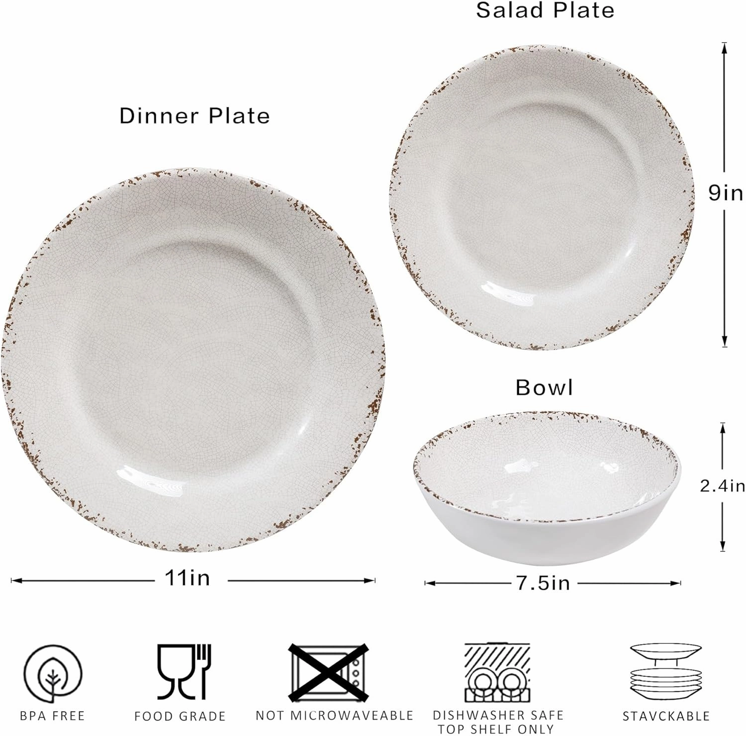 Farmhouse Melamine Dinnerware Sets,12 Pieces Dishes Dinnerware Set,Service for 4 Lightweight Kitchen Plates and Bowls Sets, Great for Casual dining and Outdoor Parties Camping or RVs, White
