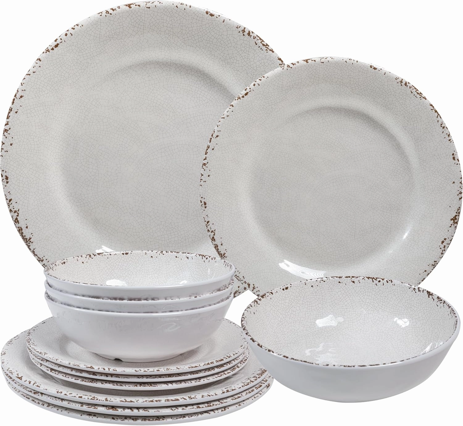Farmhouse Melamine Dinnerware Sets,12 Pieces Dishes Dinnerware Set,Service for 4 Lightweight Kitchen Plates and Bowls Sets, Great for Casual dining and Outdoor Parties Camping or RVs, White